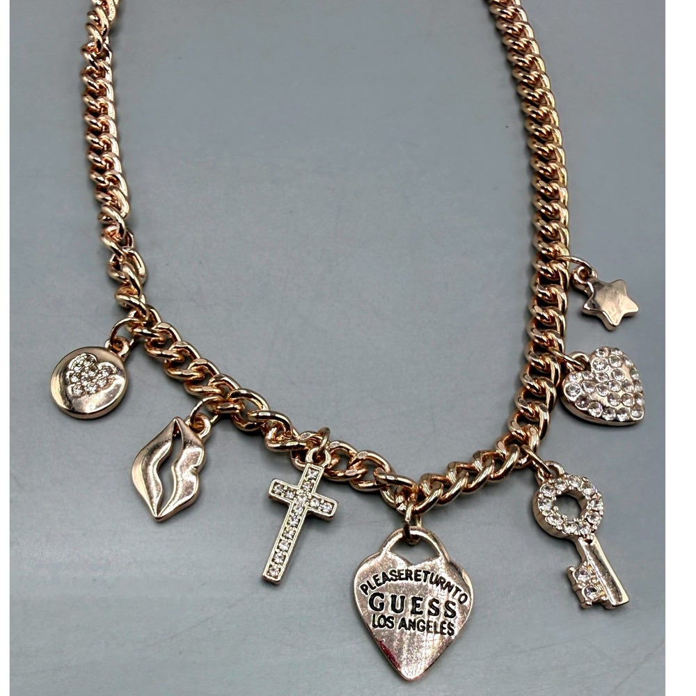 Guess Los Angeles Rose Gold Tone Multi Charm Heart Cross Key Necklace Rhinestone